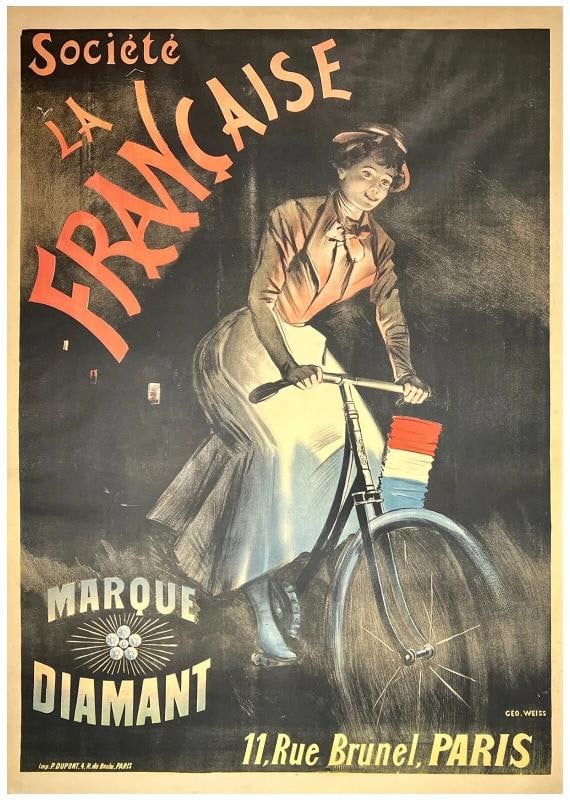 Original Vintage Poster MARQUE DIAMANT Art Nouveau French Cycling Cycles LINEN: Dimensions: 43.7 x 62 in. / 111 x 157.5 cm.; Circa: 1895 Original vintage "SOCIETE LA FRANCAISE - MARQUE DIAMANT" French cycling poster, illustrated by GEO. WEISS, and printed circa 1895. Low