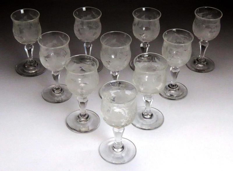 Antique c1870 10 American Cut Frosted Hand Blown Grape Cordial Glasses - 2