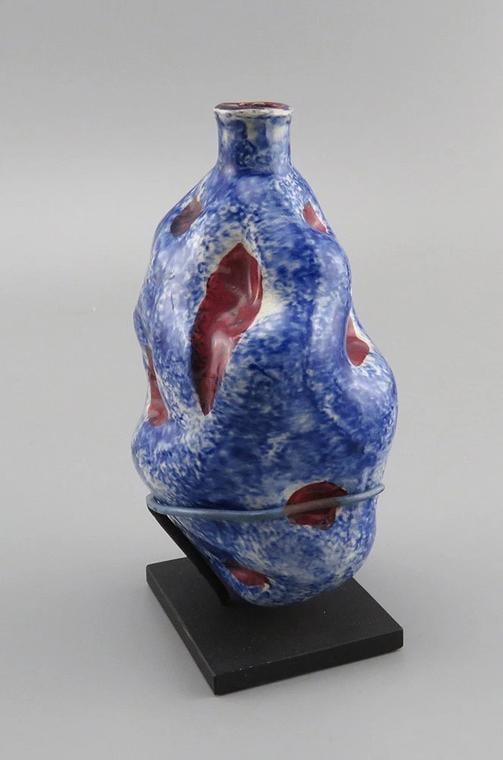 Rare c1820-1860s Blue Speckled American Folk Art Pottery Potato Flask - 2