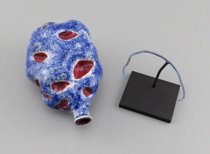 Rare c1820-1860s Blue Speckled American Folk Art Pottery Potato Flask - 3