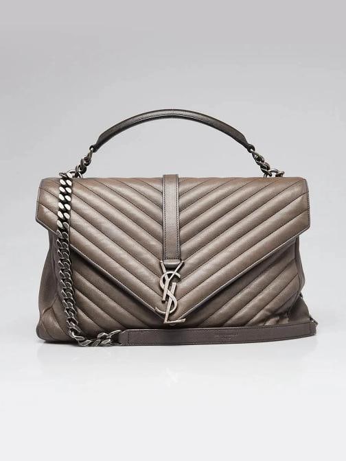 Yves Saint Laurent Grey Chevron Quilted Leather Monogram Large College Bag: Condition: Pre-owned - Good,Brand: Yves Saint Laurent,Exterior Material: Leather,Style: Everyday Bags,Exterior Color: Grey,Department: Women,Country of Origin: Italy Low Estimate: 2000.00High