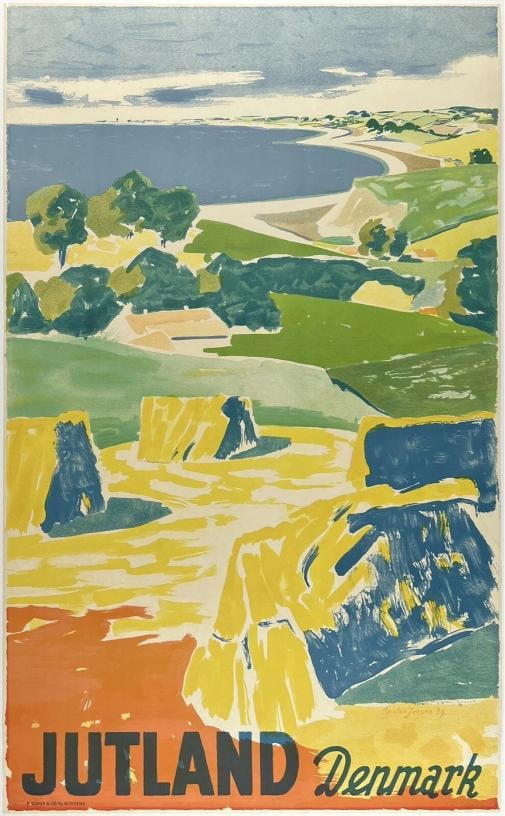 Original Vintage Poster JUTLAND DENMARK Danish Travel Tourism Danemark '39 LINEN: Dimensions: 24.1 x 39.2 in. / 61.3 x 99.5 cm.; Circa: 1939 Original vintage "JUTLAND DENMARK" Danish travel poster, plate signed by its artist, VICTOR JENSEN, and printed by F. SCHUR & CO. HORSENS cir