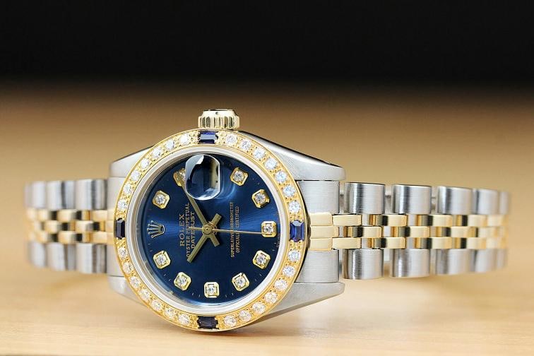 ROLEX LADIES DATEJUST 18K YELLOW GOLD DIAMOND SAPPHIRE STEEL BLUE DIAL WATCH - 2