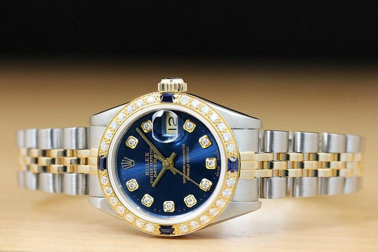ROLEX LADIES DATEJUST 18K YELLOW GOLD DIAMOND SAPPHIRE STEEL BLUE DIAL WATCH - 3