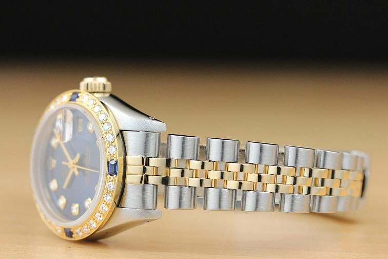 ROLEX LADIES DATEJUST 18K YELLOW GOLD DIAMOND SAPPHIRE STEEL BLUE DIAL WATCH - 4