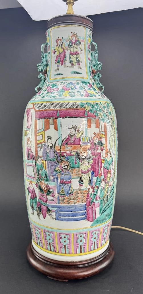 Impressive 19thc Chinese Export Famille Rose Mandarin Vase Large Lamp - 2