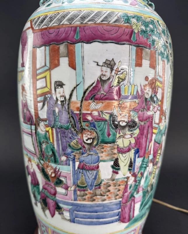 Impressive 19thc Chinese Export Famille Rose Mandarin Vase Large Lamp - 3