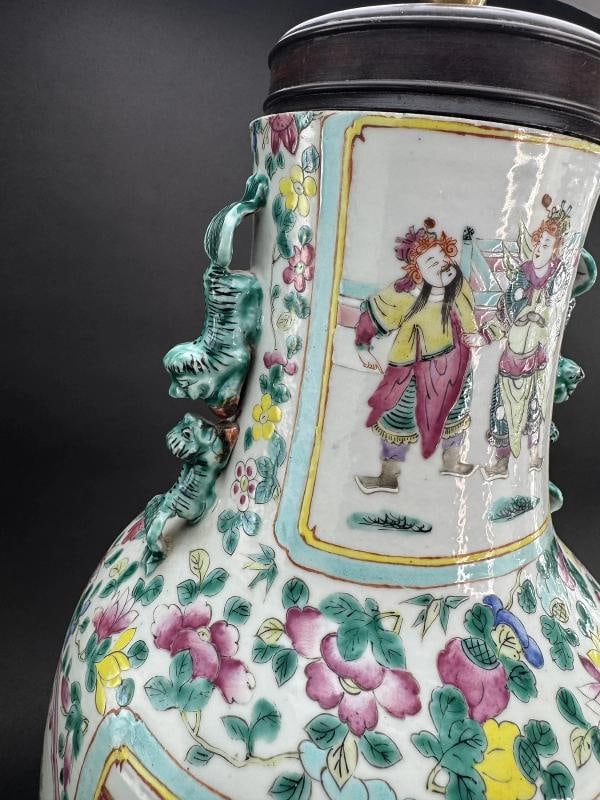 Impressive 19thc Chinese Export Famille Rose Mandarin Vase Large Lamp - 5