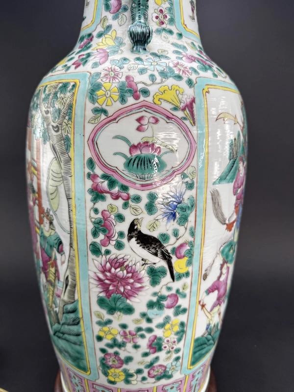 Impressive 19thc Chinese Export Famille Rose Mandarin Vase Large Lamp - 8