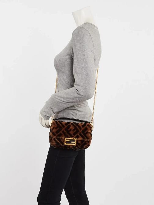 Fendi Tan/Black Shearling Macro FF 1974 Diagonal Mini Baguette Crossbody Bag ... - 2