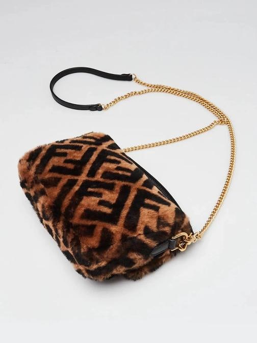 Fendi Tan/Black Shearling Macro FF 1974 Diagonal Mini Baguette Crossbody Bag ... - 3