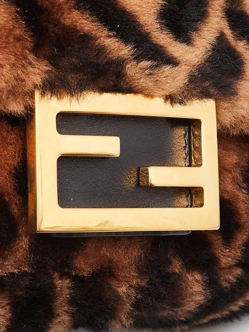 Fendi Tan/Black Shearling Macro FF 1974 Diagonal Mini Baguette Crossbody Bag ... - 7