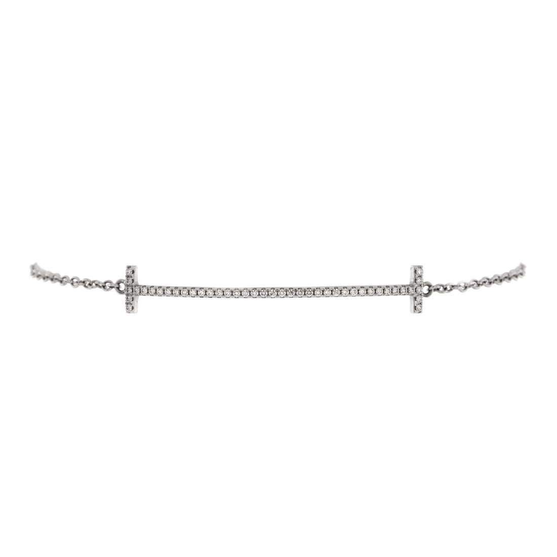 Tiffany & Co. T Smile Chain Bracelet 18K White Gold with Diamonds Medium: Condition: Pre-owned - Good,Brand: Tiffany & Co.,Main Stone: Diamond,Metal: 18K White Gold,Metal Purity: 18K,Style: Chain,Type: Bracelet,Color: White Gold,Material: 18K White Gold, Diamond