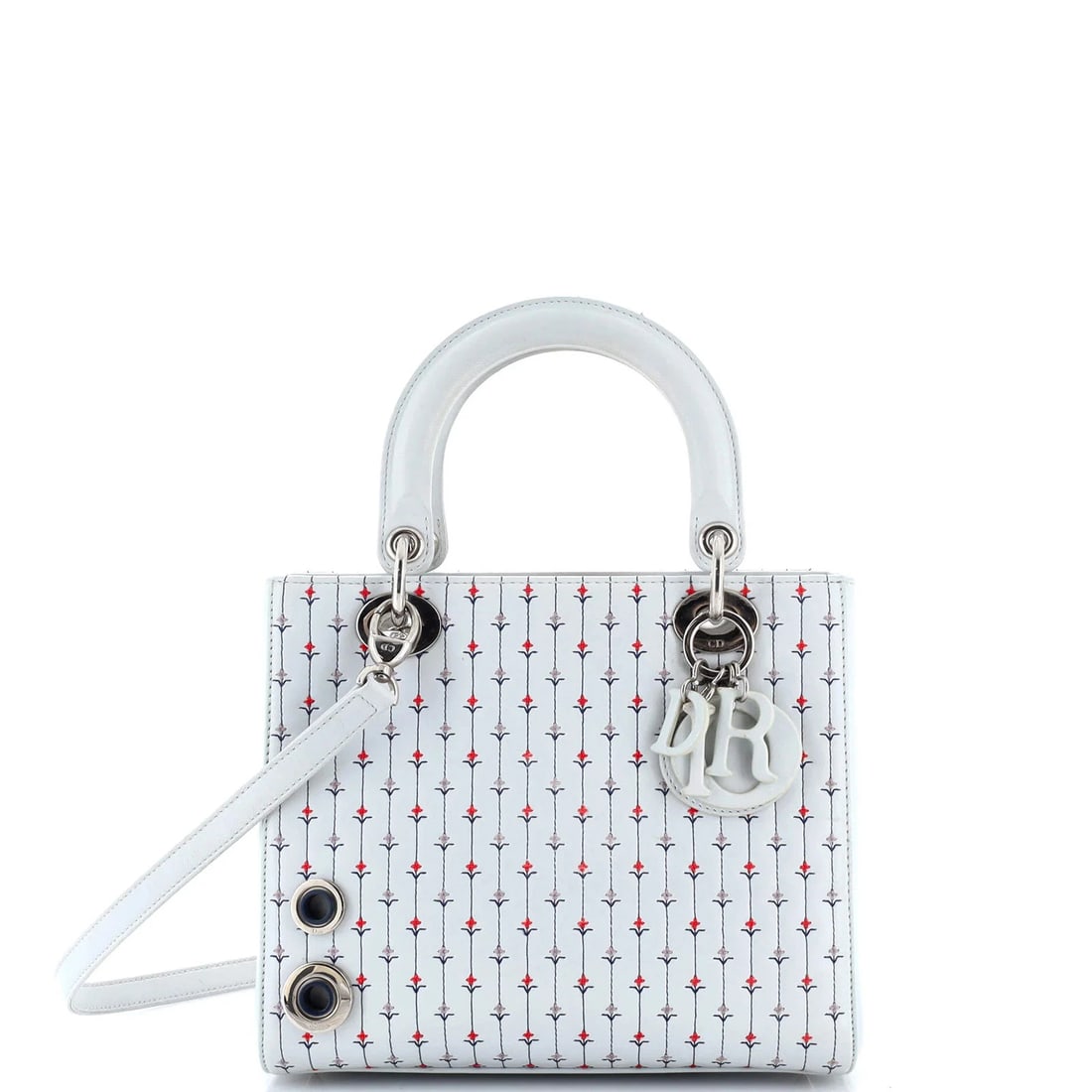 Christian Dior Lady Dior Bag Embroidered Leather with Applique Medium: Accessories: With StrapMeasurements: Height 8", Width 9.5", Depth 4". Condition: Pre-owned - Good,Brand: Christian Dior,Exterior Material: Leather,Style: Top Handle,Exterior Color: Blue,Department: