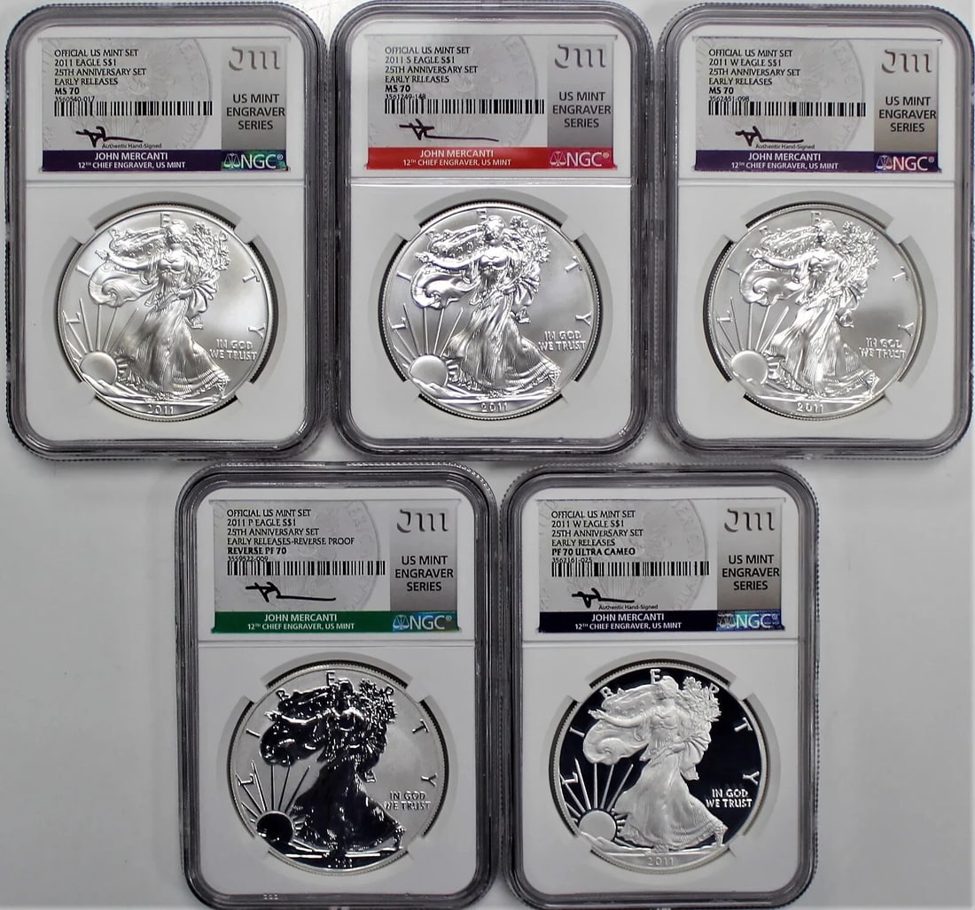 2011 $1 Silver Eagle 25th Anniversary 5 Coin Set NGC MS70/PF70/PF70 Mercanti (1 of 2)