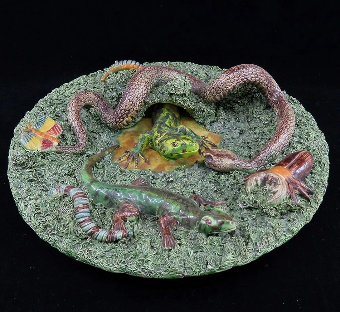Rare Antique Signed Jose A Cunha Palissy Majolica Plate Snake Lizard Beetle (1 of 10)