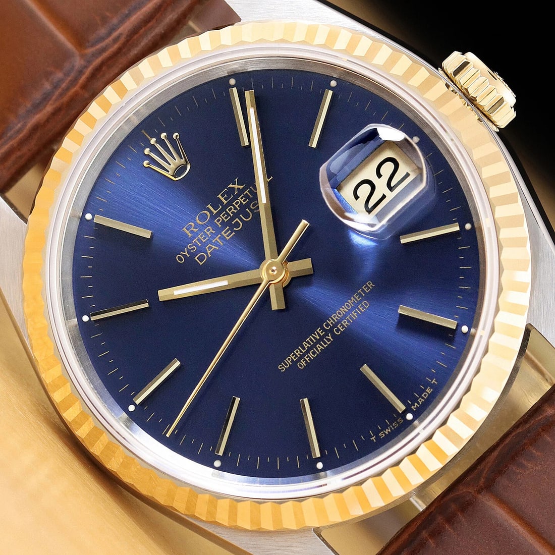 ROLEX MENS DATEJUST 16233 BLUE DIAL 18K GOLD STEEL WATCH w/ BROWN LEATHER BAND (1 of 8)