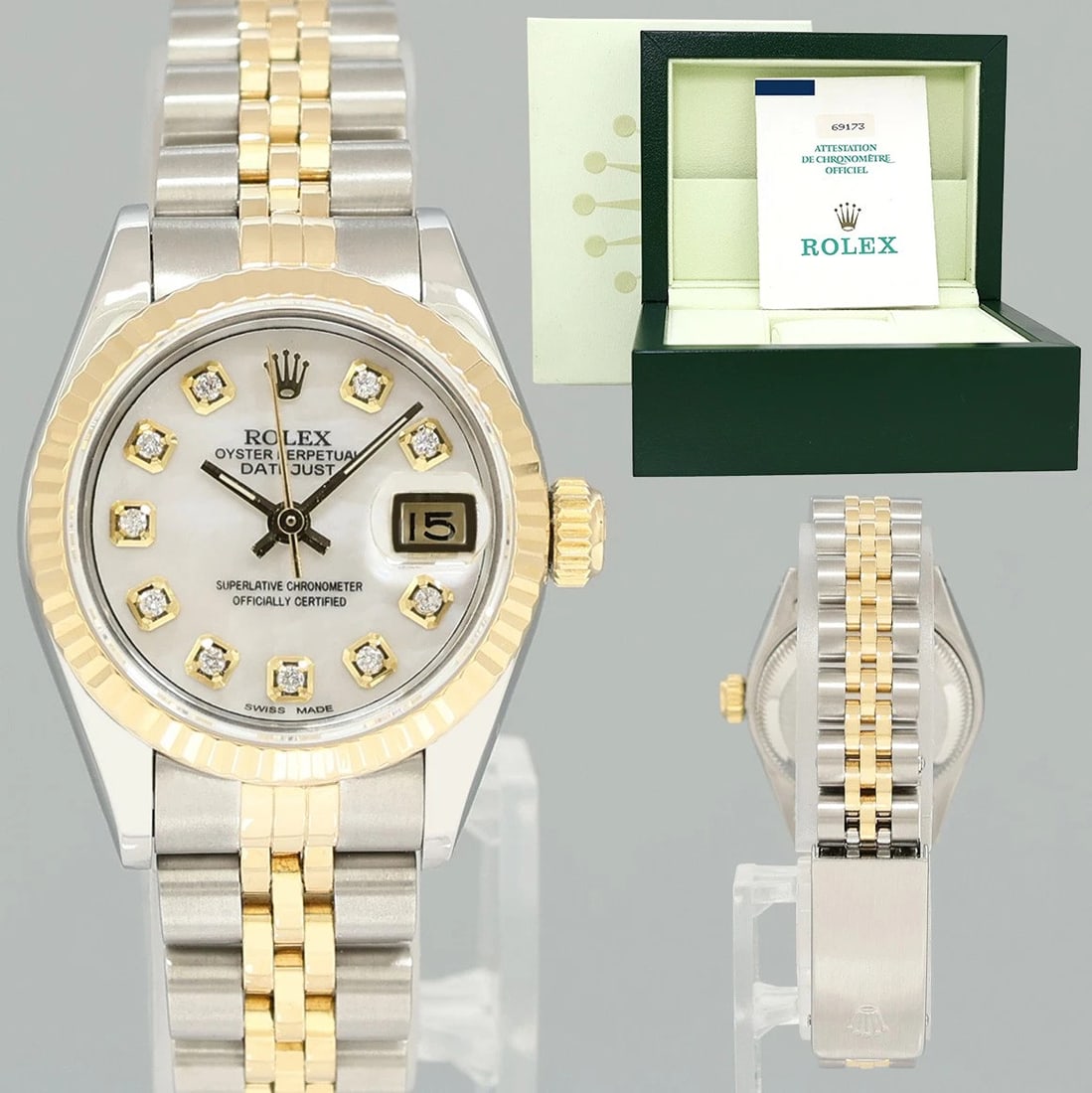PAPERS Pearl Diamond Ladies Rolex 26mm DateJust 69173 Two Tone Gold Jubilee: Brand Rolex (Guaranteed Authentic)ModelDateJustReference Number69173GenderLadiesMetalTwo-Tone Yellow Gold / Stainless SteelCase Size26.00mmWrist SizeThis watch will currently comfortably fit the