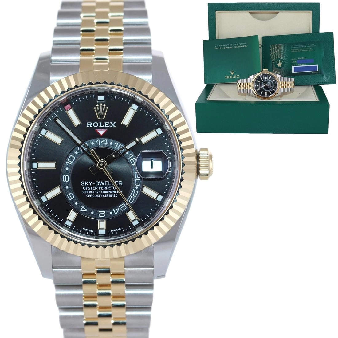 2021 NEW PAPERS Rolex Sky-Dweller 326933 Black Two Tone Yellow Gold Jubilee: BrandRolex (Guaranteed Authentic)Model Sky-DwellerReference Number326933Serial NumberRandom Serial GenderMen'sMetalTwo Tone (Yellow Gold / Stainless Steel)Case Size42.00mmWrist SizeThis watch will cur