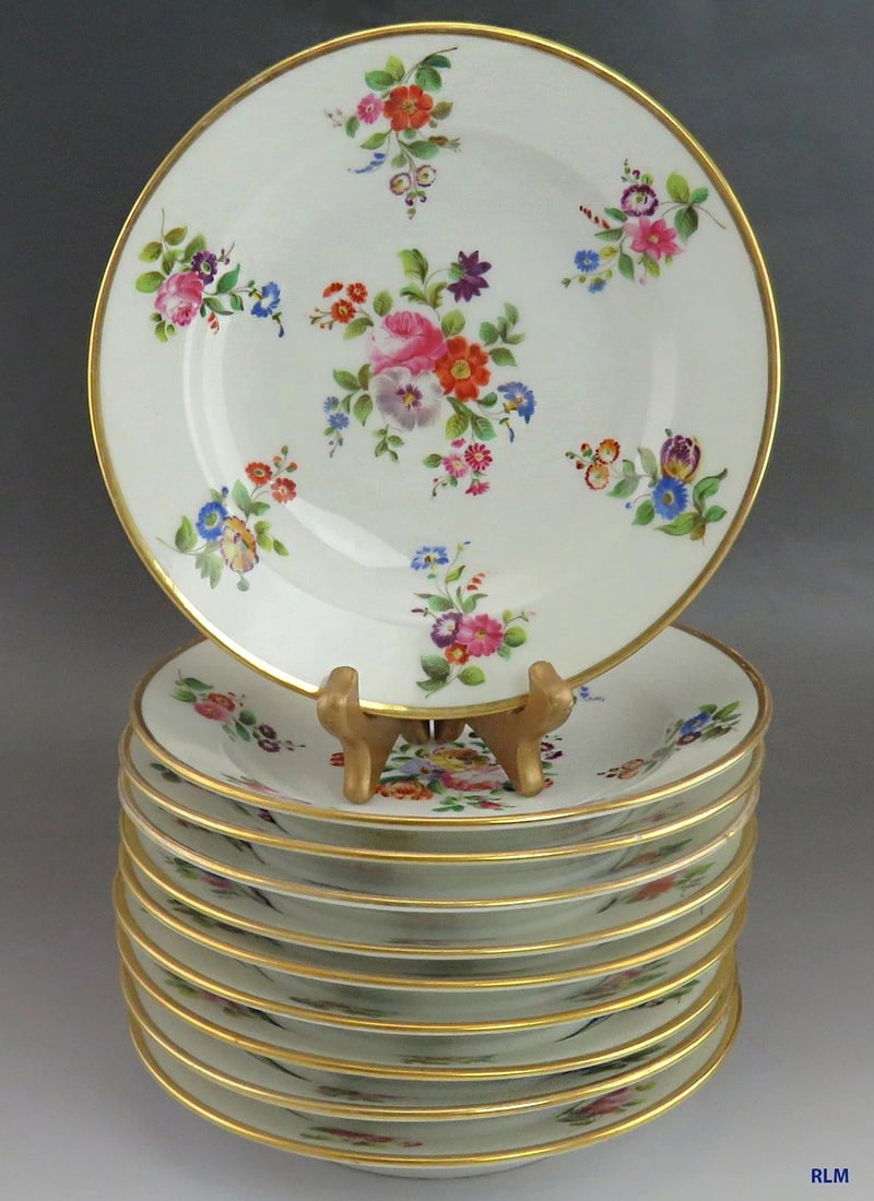 Great 10 Antique c1860s Colorful Floral Gilt Paris Porcelain Soup Bowls 8 1/2" (1 of 13)