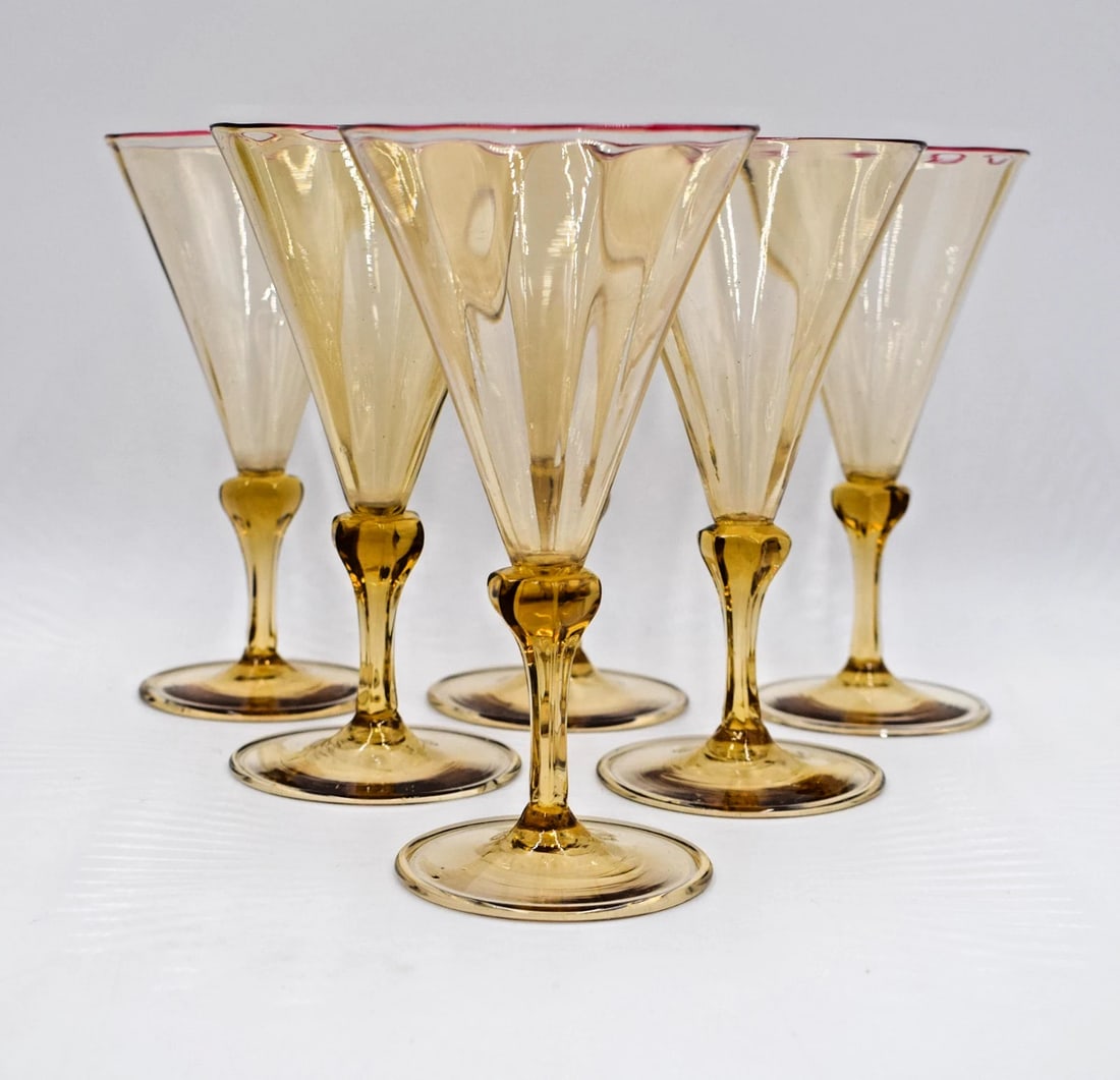 Set of 6 Venini Wine Glasses Designed by Vittorio Zecchin, Amber w/Red Rim (1 of 10)