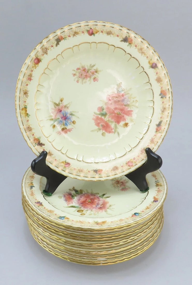 12 Royal Crown Derby Harrow 1888 Luncheon Plates Hand Painted Flowers 8 5/8" (1 of 10)