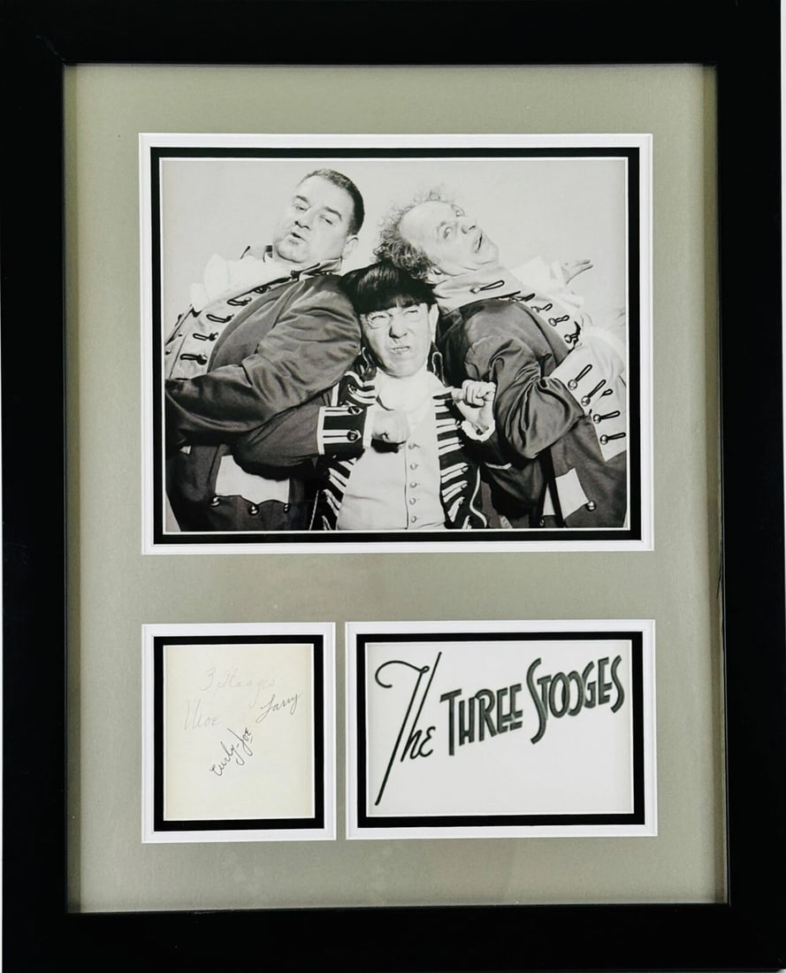 THE THREE STOOGES Moe Howard Curly-Joe DeRita Larry Fine Signed Framed JSA LOA (1 of 3)