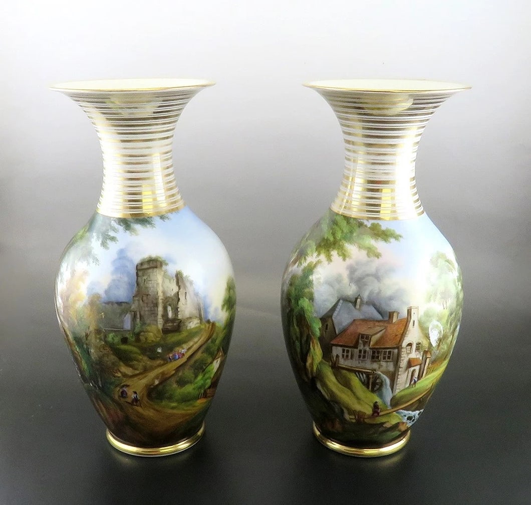 Antique Pair Hand Painted Porcelain Landscape Scene Large Flower Vases 13 1/2" (1 of 9)