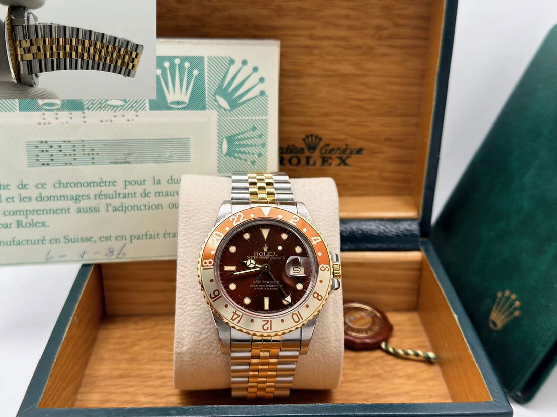 Vintage Rolex GMT Master Root Beer 16753 40mm Brown Dial 18k Gold Steel Box & Paper (1 of 14)