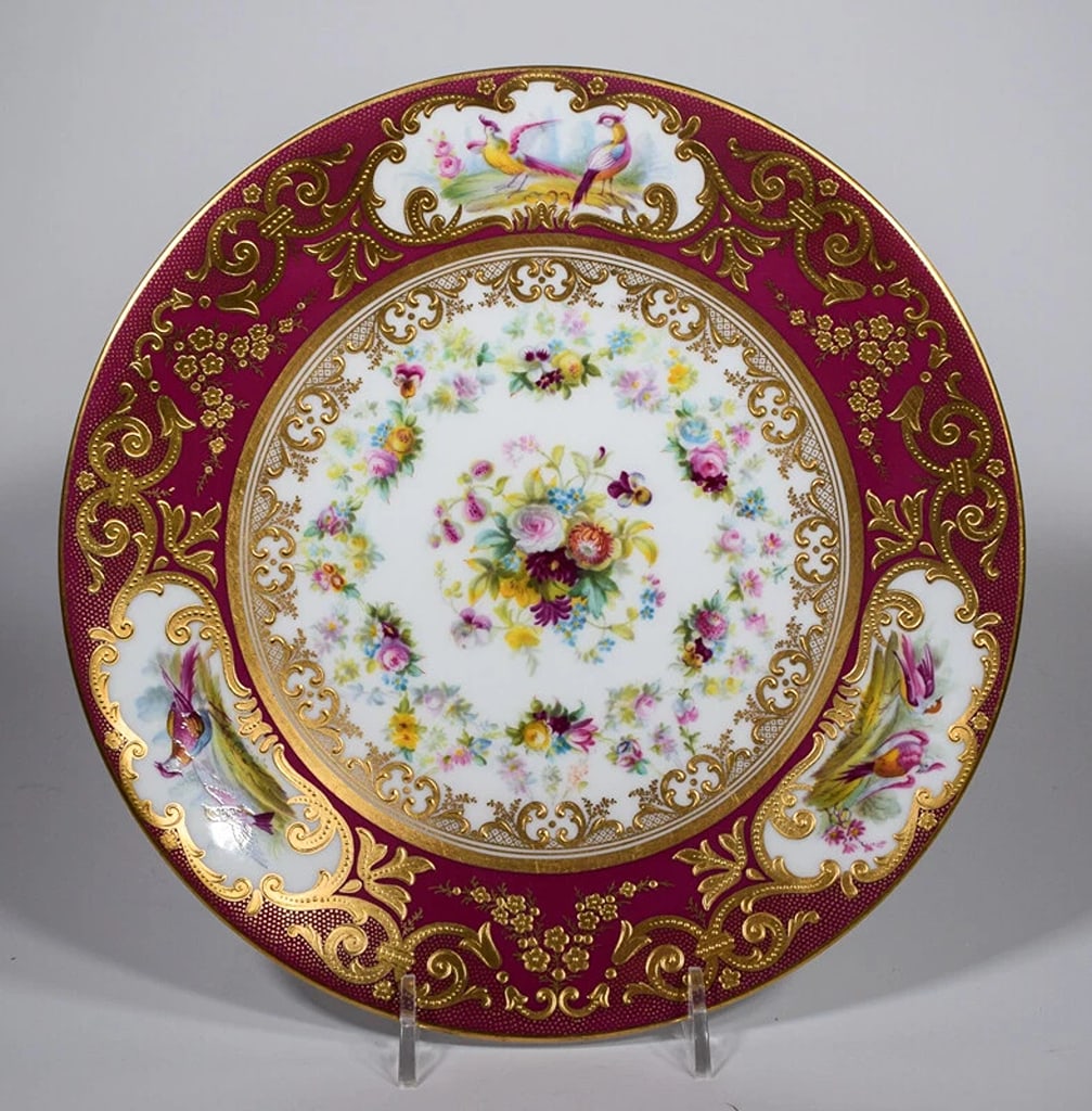 Cauldon Red Raised Paste Gold Hand Painted Game Cabinet Plate, Circa 1900: Condition: Used: An item that has been used previously.,Primary Material: Ceramic, Porcelain,Brand: Cauldon,Origin: England,Type: Plates & Chargers,Era: Early 20th Century (1911-1940),Color: Gold,Feat