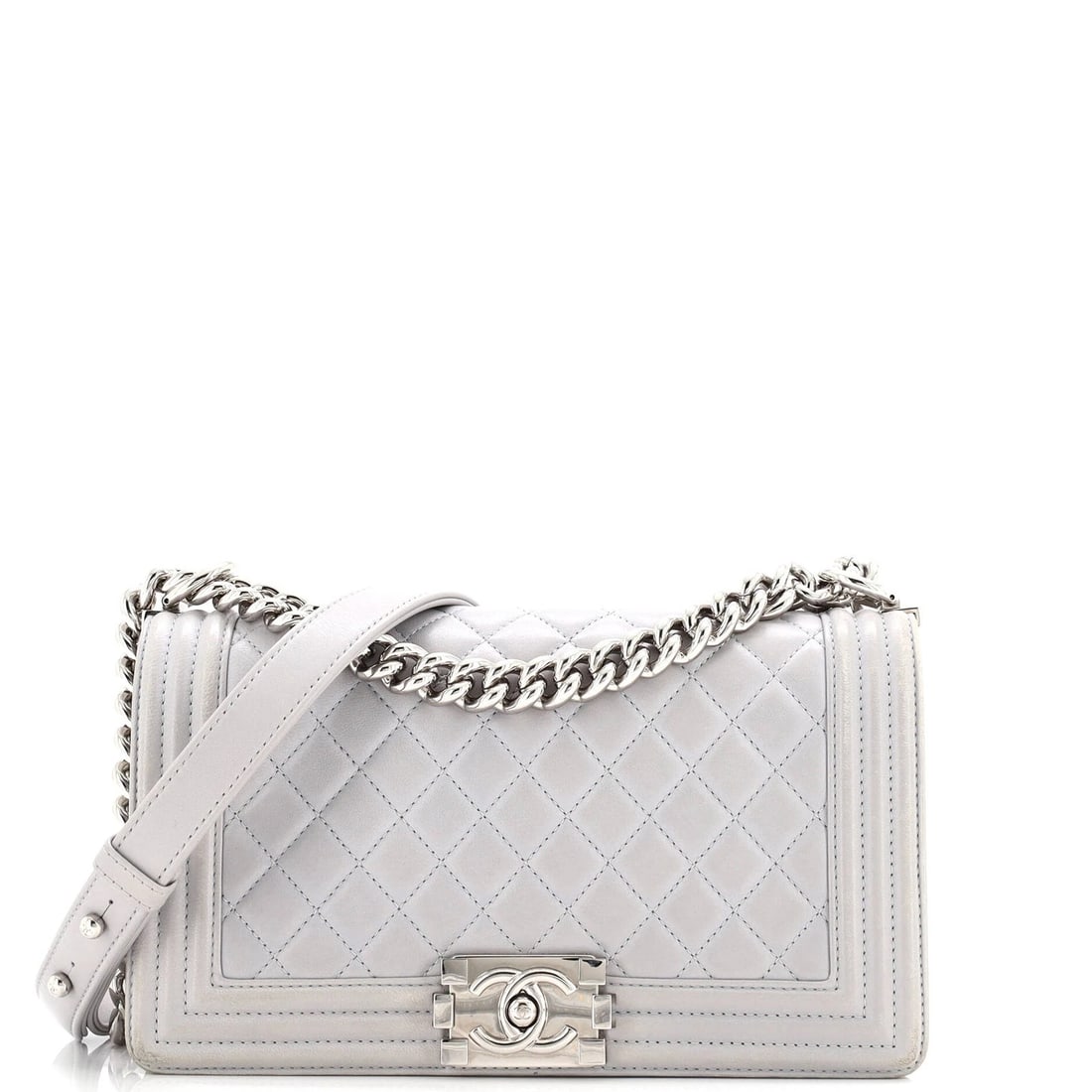 Chanel Boy Flap Bag Quilted Calfskin Old Medium: Condition: Pre-owned - Good,Brand: Chanel,Exterior Material: Leather,Style: Shoulder Bags,Exterior Color: Gray,Department: Women,Size: Old Medium,Accessories: Dust Bag