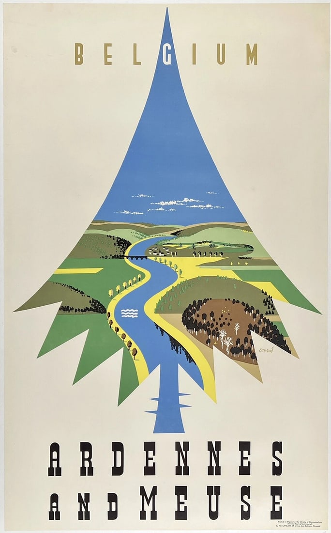 Original Vintage Poster BELGIUM ARDENNES AND MEUSE Belgian Travel Tourism LINEN: Dimensions: 24.2 x 39.4 in. / 61.5 x 100 cm.; Circa: 1950Original vintage "BELGIUM - ARDENNES AND MEUSE" poster, plate signed by its artist, FREDERIC CONRAD, and printed by HENRY MELSEN BRUSSELLS