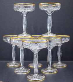 8 Moser Hand Blown & Engraved Saucer Champagne Coupes, Tulips