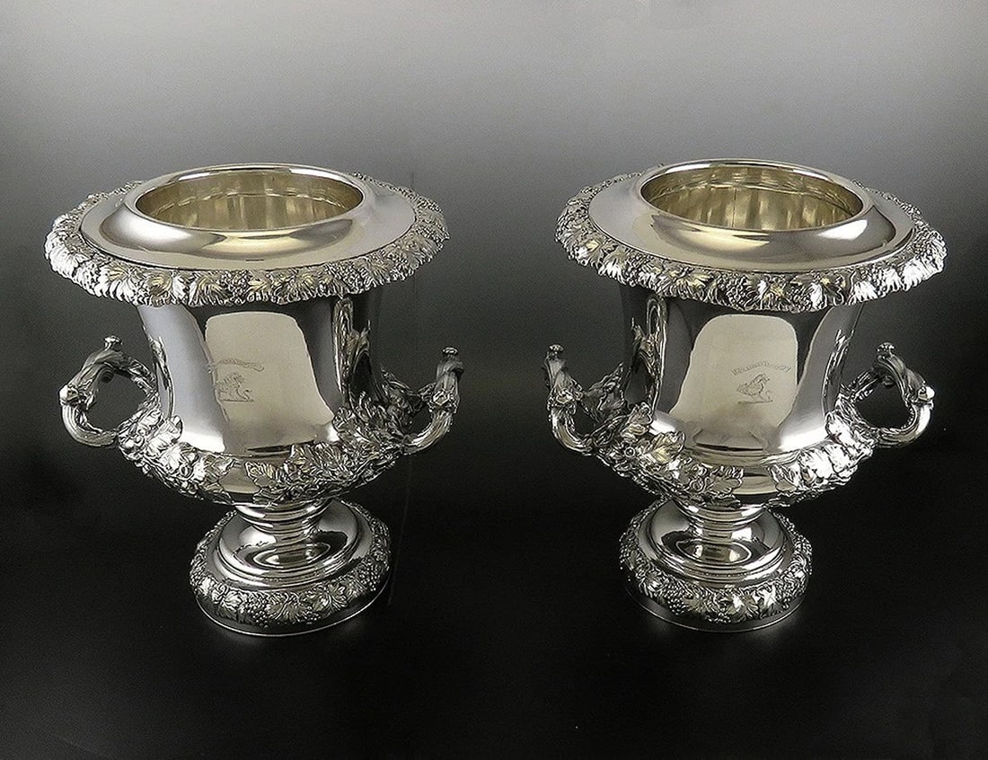 Impressive Pair Old Sheffield Fused Silverplate Wine Cooler Champagne Buckets (1 of 10)