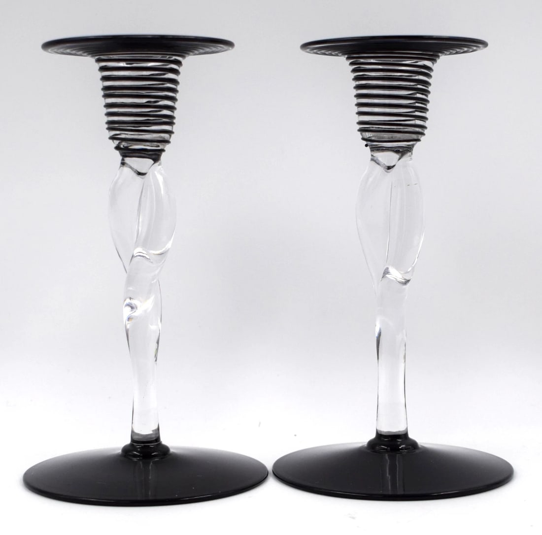 Pair of Steuben Art Glass Twisted Threaded Candlesticks - Black & Clear Shape (1 of 8)