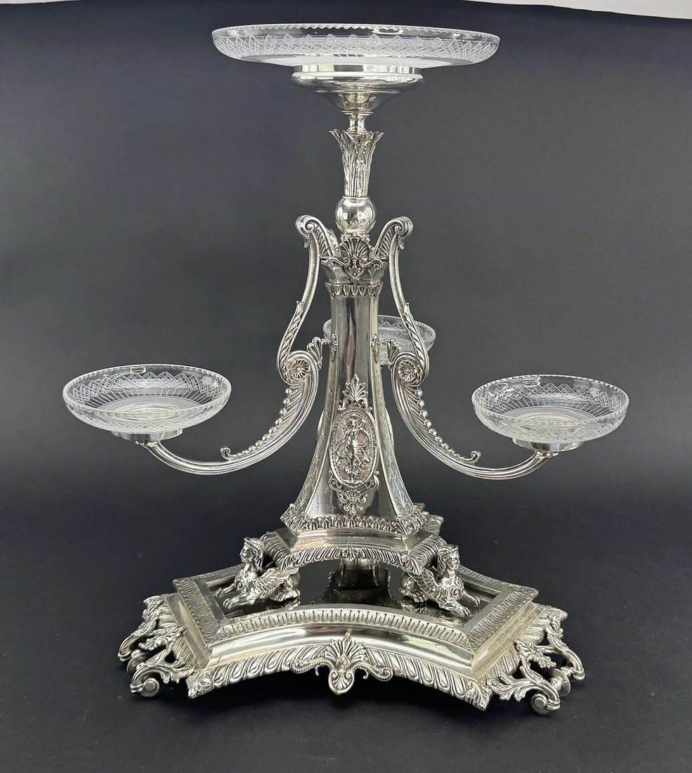 1870 English Silverplate Cut Glass 3 Arm Epergne w Muses Sphinx Feet Mirror Base (1 of 10)