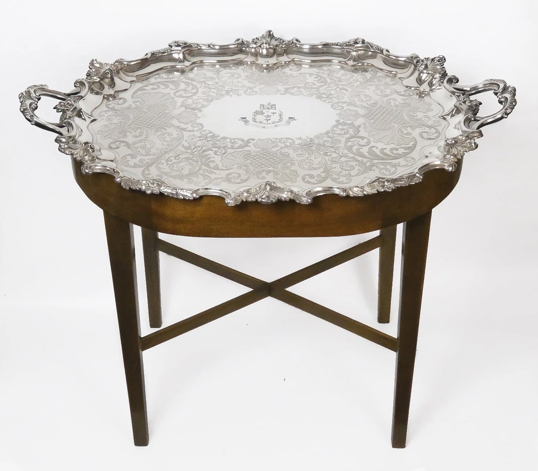Antique c1820 English Regency Silverplate Tray w/ Custom Wooden Table (1 of 12)
