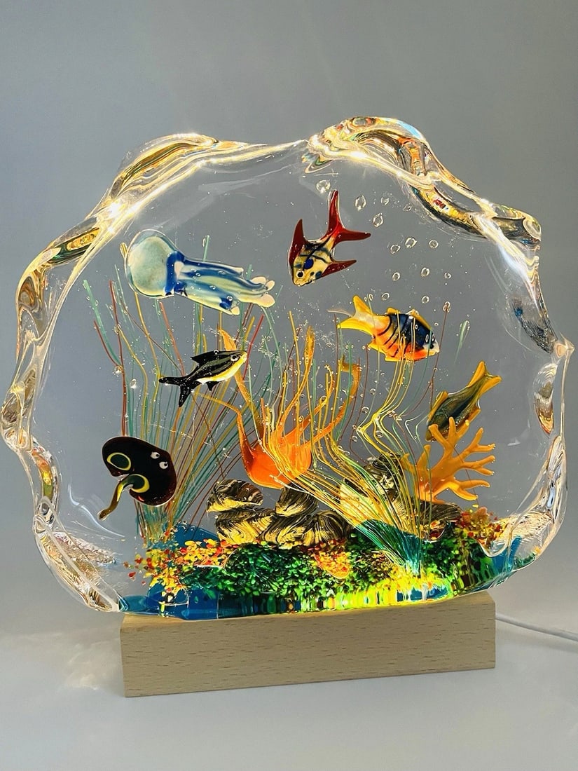 Wonderful Murano Aquarium Signed By Artist XL In Size Unique Design And Detail: Measures at :Height : 8” inchesWidth : 10” inchesDepth : 2 1/2” inchesWeight : 10lbs. Condition: Used: An item that has been used previously. The item may have some signs of