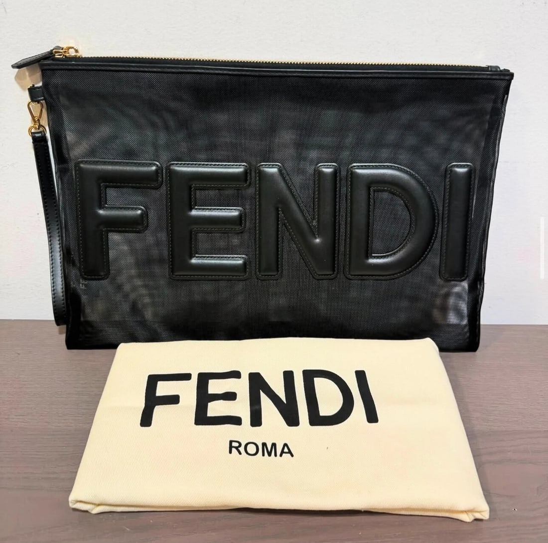 Fendi Mesh Pouch Black Leather w/duster: Condition: Pre-owned - Good,Brand: Fendi,Department: Women,Exterior Color: Black,Style: Clutch,Exterior Material: Patent Black Leather and Mesh,Handle/Strap Material: Leather,Country of Origin: Italy