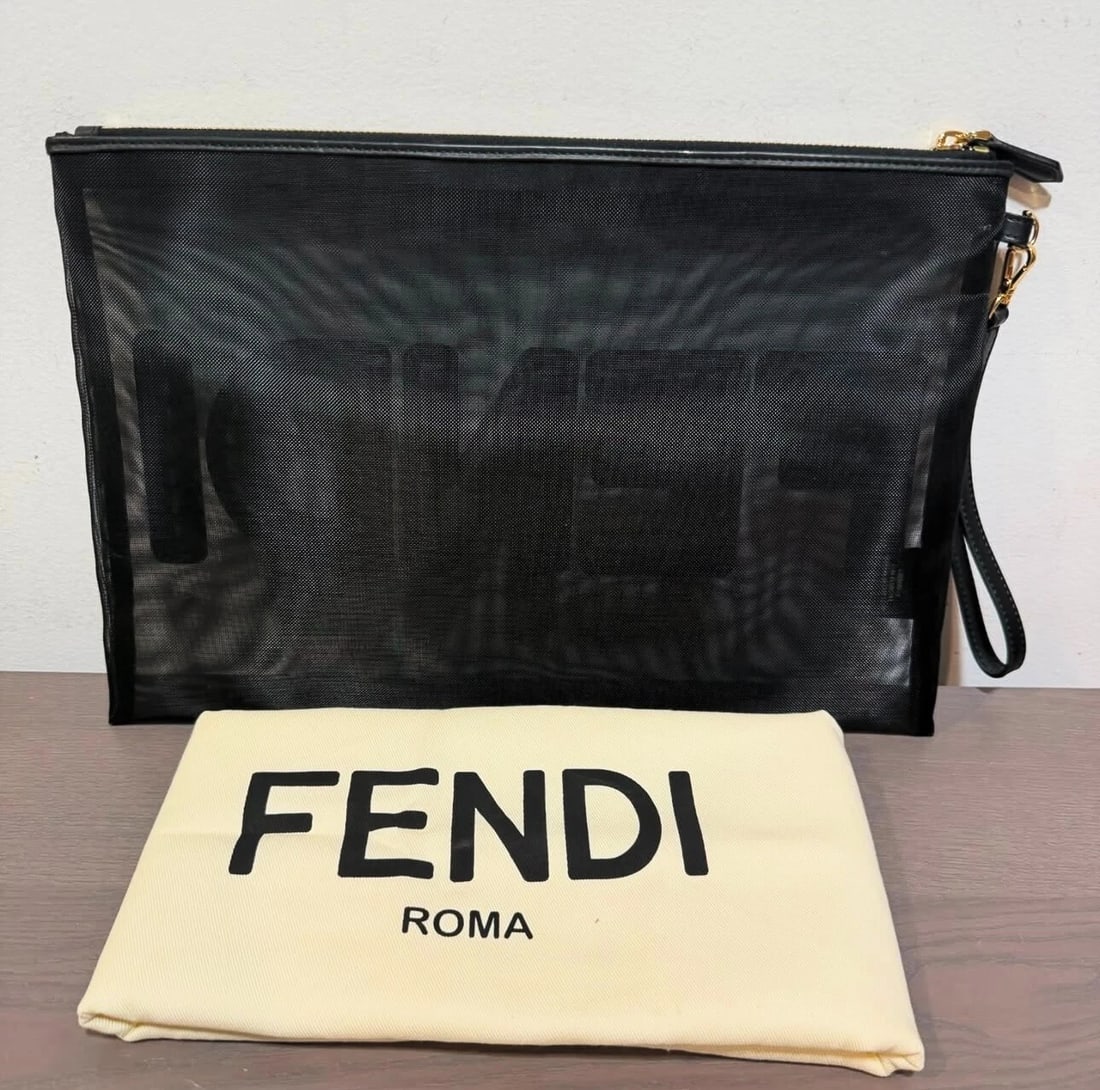 Fendi Mesh Pouch Black Leather w/duster - 2