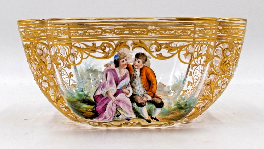 Lobmeyr Hand Painted Enamel Fluted Bowl, Circa 1900: Measures 1 3/4" high by 3 1/2" wide by 4" long. Condition: Used,Brand: Lobmeyr,Antique: Yes,Type: Bowl,Features: Hand Painted,Year Manufactured: 1900,Material: Glass,Country of Origin: Austria
