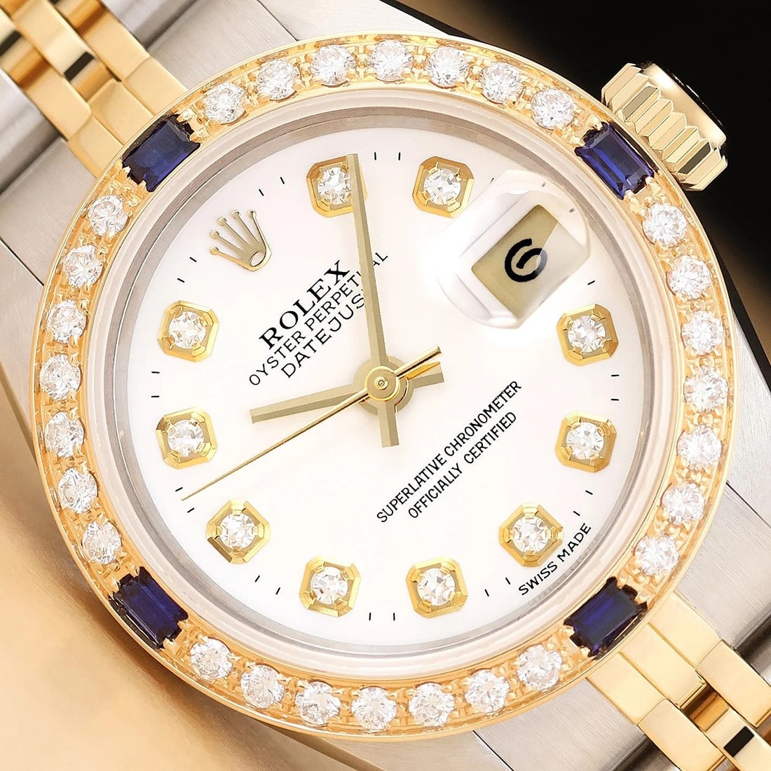 ROLEX LADIES DATEJUST 69173 WHITE DIAMOND SAPPHIRE 18K YELLOW GOLD STEEL WATCH: Condition: Pre-owned - Good,Department: Women's,Brand: Rolex,Style: Dress/Formal, Luxury: Dress Styles,Features: 12-Hour Dial, Chronometer, Sapphire Crystal, Screwdown Crown, Self-Winding, Swiss Made,