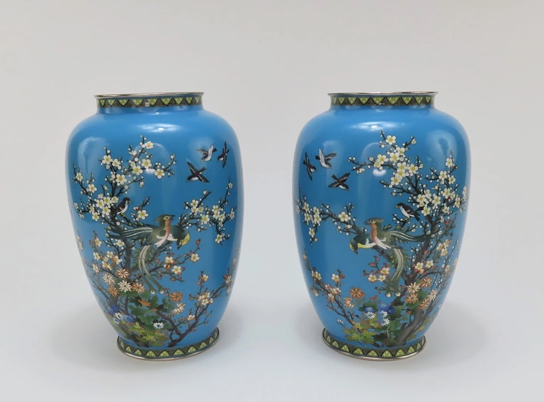 Lovely Pair Japanese Meiji Blue Cloisonne Phoenix Magpie Birds Prunus Tree Vases (1 of 8)