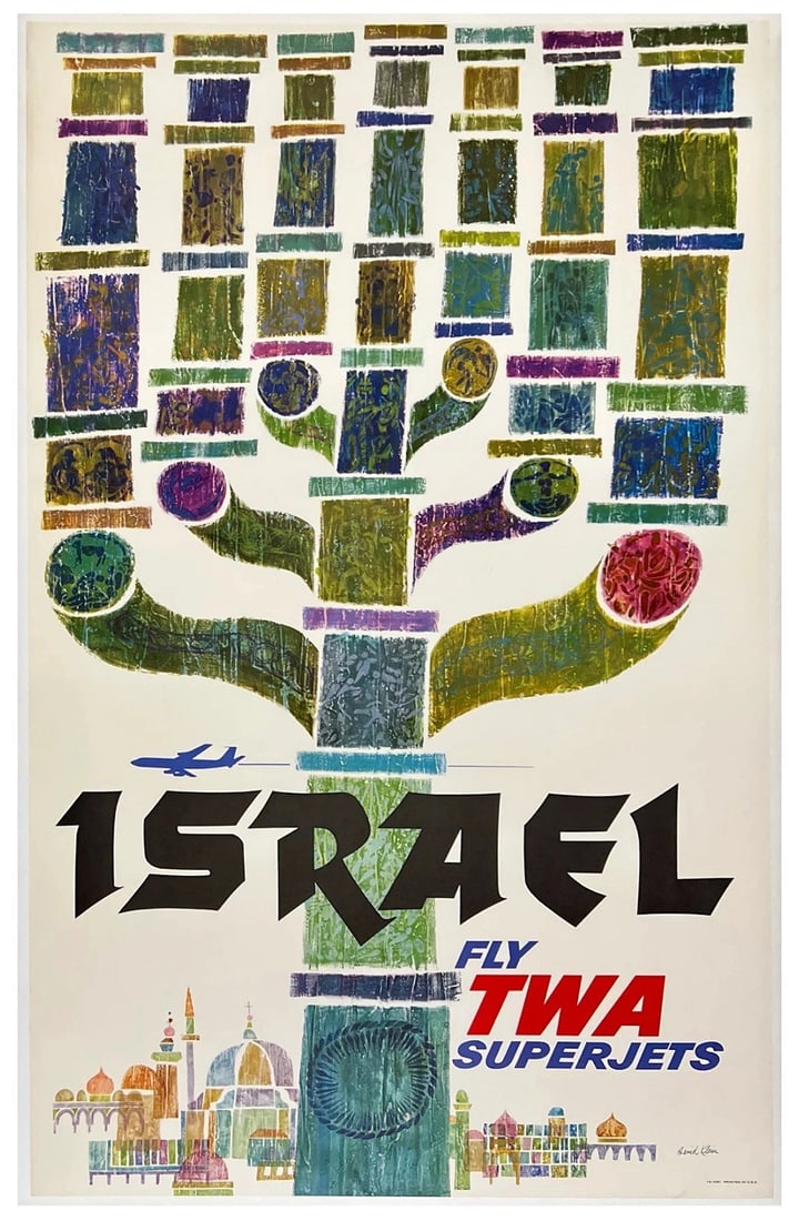 Original Vintage Poster ISRAEL FLY TWA SUPERJETS Airline Travel KLEIN LINEN (1 of 5)