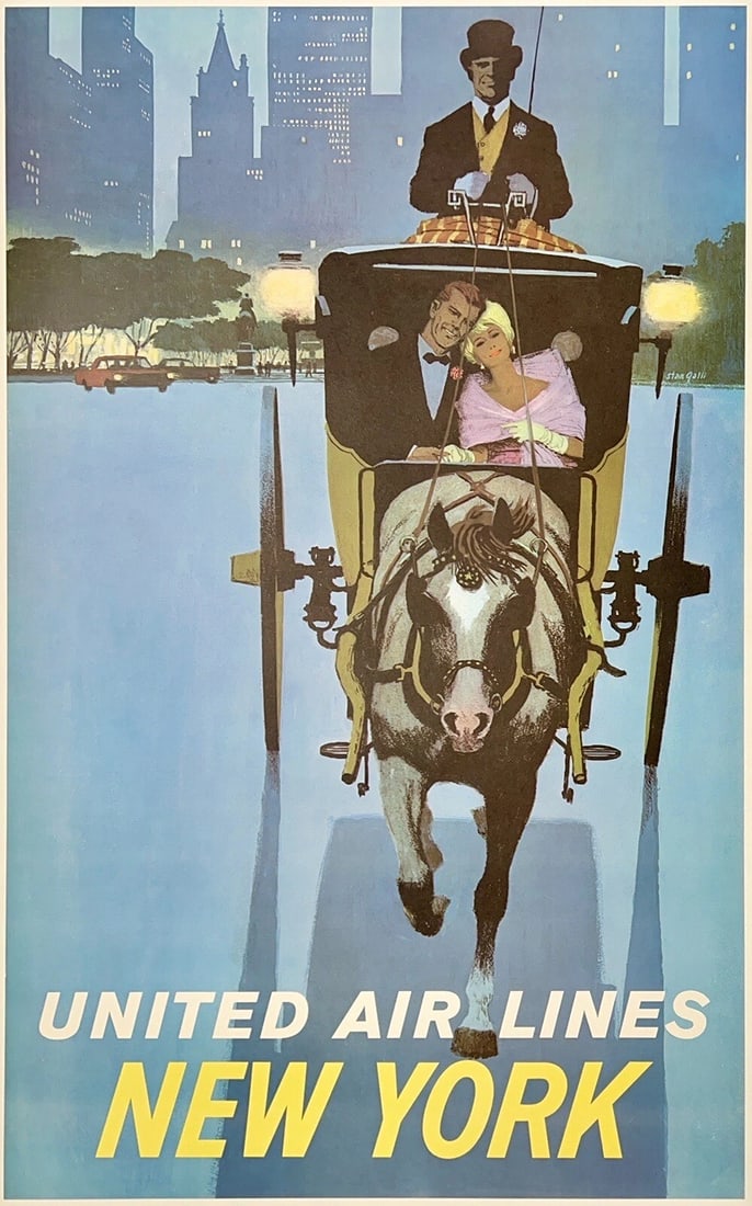 Original Vintage Poster UNITED AIR LINES NEW YORK Airline Travel Tourism OL (1 of 5)