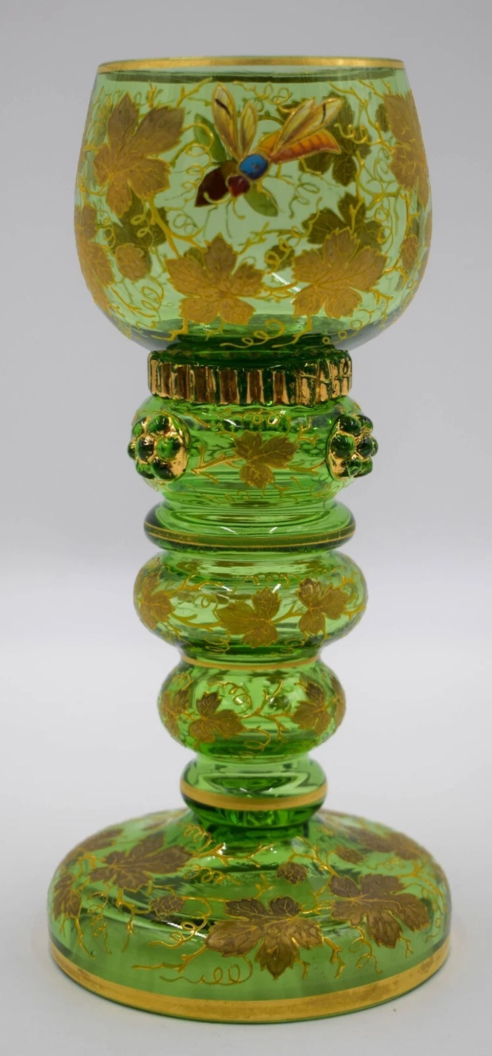 Rare Moser Raised Gold & Enamel Green Hock Wine Glass with a Hornet & Bee, C1920: Condition: Used,Color: Gold,Type: Wine Glass,Brand: Moser,Year Manufactured: 1920Rare Moser Raised Gold & Enamel Green Hock Wine Glass with a Hornet & Bee, C1920. Pictured in Gary Baldwin book Moser