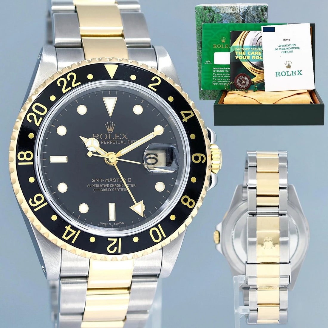 2000 PAPERS Rolex GMT-Master II 16713 Black Two-Tone Yellow Gold Steel: Condition: Pre-owned - Excellent,Brand: Rolex,Case Color: Black,Department: Men,Type: Wristwatch,Band Material: Steel,Model: Rolex GMT-Master II,Case Material: Yellow Gold,Reference Number: 16713,Coun