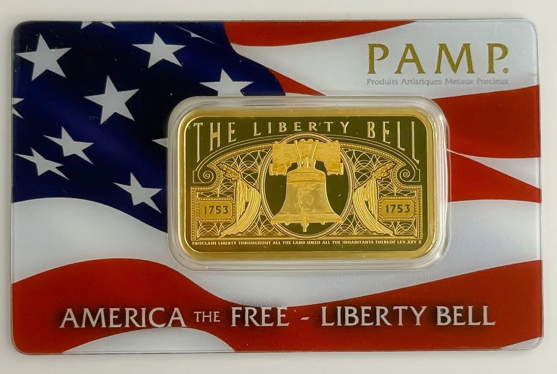 PAMP America The Free Liberty Bell - 1 oz Gold Bar 999.9 Fine (Sealed Assay): Composition: Gold,Shape: Bar,Fineness: 0.9999,Precious Metal Content per Unit: 1 oz,Brand/Mint: Pamp Suisse,Total Precious Metal Content: 1 oz,Country of Origin: United States