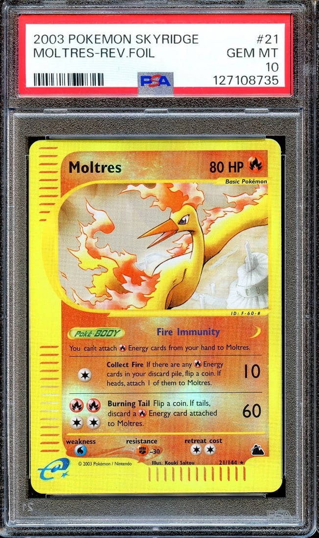 PSA 10 Moltres 21/144 Reverse Foil Skyridge E Series 2003 Pokemon Card GEM MINT: Condition: Graded - PSA 10: Professionally graded ,Card Size: Standard,Autographed: No,Set: Skyridge,Creature/Monster Type: Blissey,HP: 80,Year Manufactured: 2003,Vintage: Yes,Graded: Yes,Language: