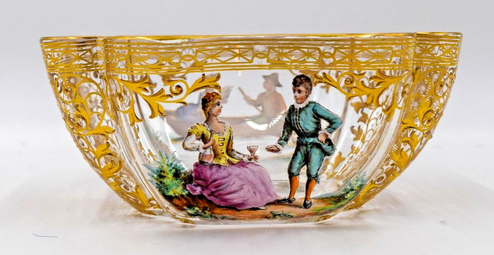 Lobmeyr Hand Painted Enamel Fluted Bowl, Circa 1900: Measures 1 3/4" high by 3 1/2" wide by 4" long. Condition: Used,Brand: Lobmeyr,Antique: Yes,Type: Bowl,Features: Hand Painted,Year Manufactured: 1900,Material: Glass,Country of Origin: Austria